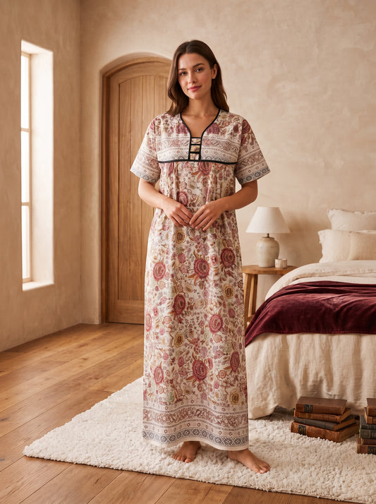 Women's Long Linen Nighty – Elegant Printed Maxi Night Dress
